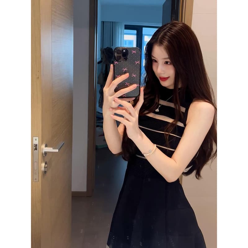 망사 패치워크 홀로우 아웃 검정색 스트라이프 니트 여성 드레스 여름 새로운 민소매 상세 이미지 10