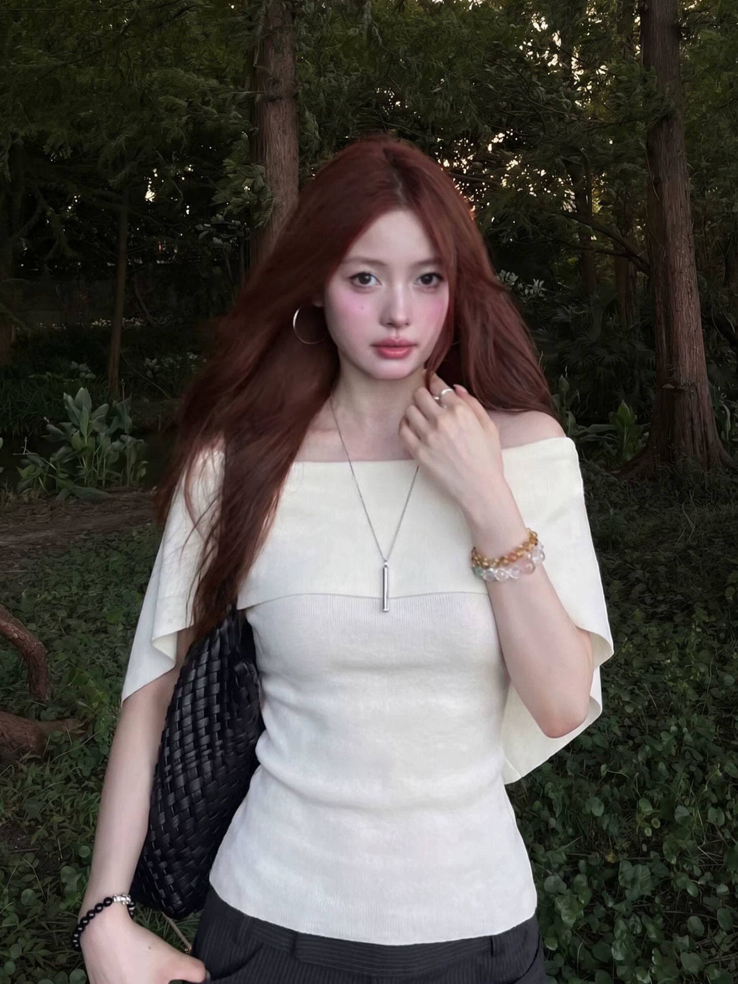 오래된 돈 바람 오프숄더 망토 반팔 티셔츠 여성 여름 품격 느슨함 니트 스웨터 허리 수축 도루 센스 이미지 3