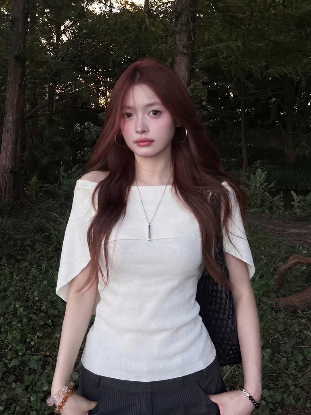 오래된 돈 바람 오프숄더 망토 반팔 티셔츠 여성 여름 품격 느슨함 니트 스웨터 허리 수축 도루 센스 상세 이미지 6