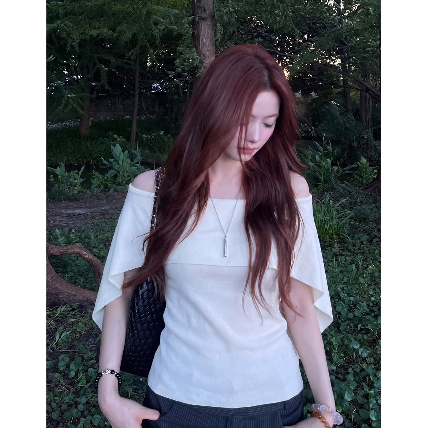 오래된 돈 바람 오프숄더 망토 반팔 티셔츠 여성 여름 품격 느슨함 니트 스웨터 허리 수축 도루 센스 상세 이미지 7