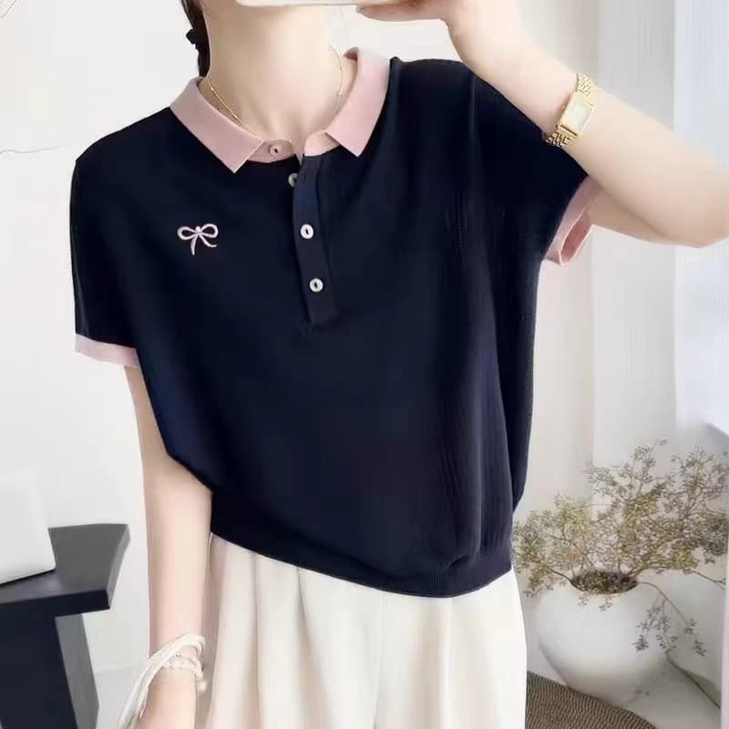 작은 폴로 칼라 패치워크 색상 나비 매듭 자수 반팔 티셔츠 여성 작은 샤넬 스타일 연령 감소 루즈핏 품격 얼음 실크 니트 스웨터 트렌디 이미지 4