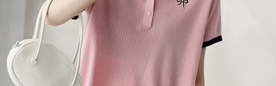 작은 폴로 칼라 패치워크 색상 나비 매듭 자수 반팔 티셔츠 여성 작은 샤넬 스타일 연령 감소 루즈핏 품격 얼음 실크 니트 스웨터 트렌디 상세 이미지 14