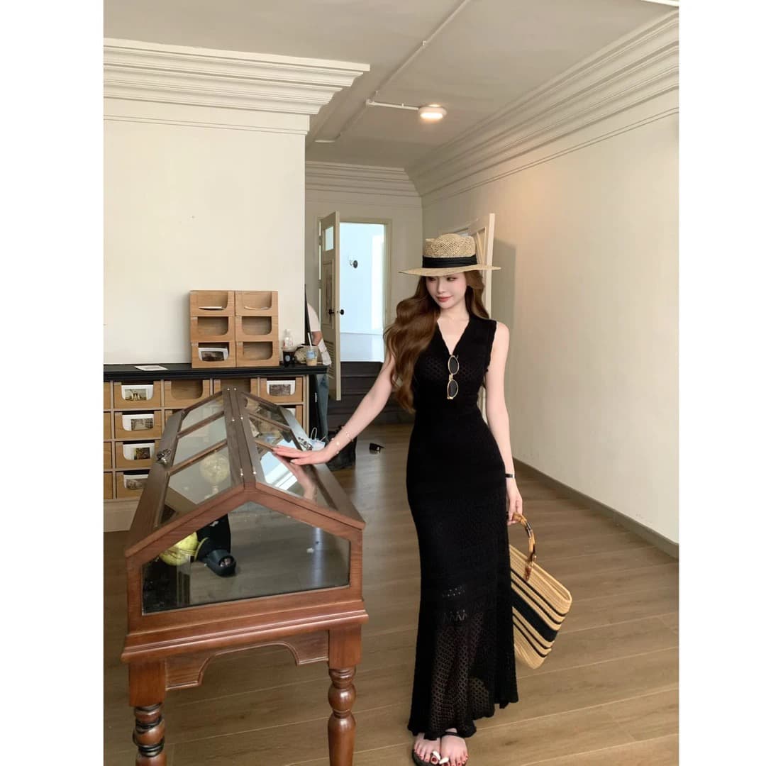 생방송 폭발 단계별 건강 연꽃 여름 새로운 빛 요리 한 니트 V넥 홀로우 아웃 슬림해 보이는 고급 센스 드레스 상세 이미지 8