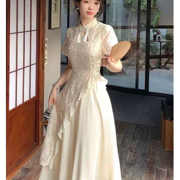국풍 새로운 새로운 중식 개선 패치워크 허리 드레스 치파오 불규칙 레이스업 2026 여름 롱 스커트