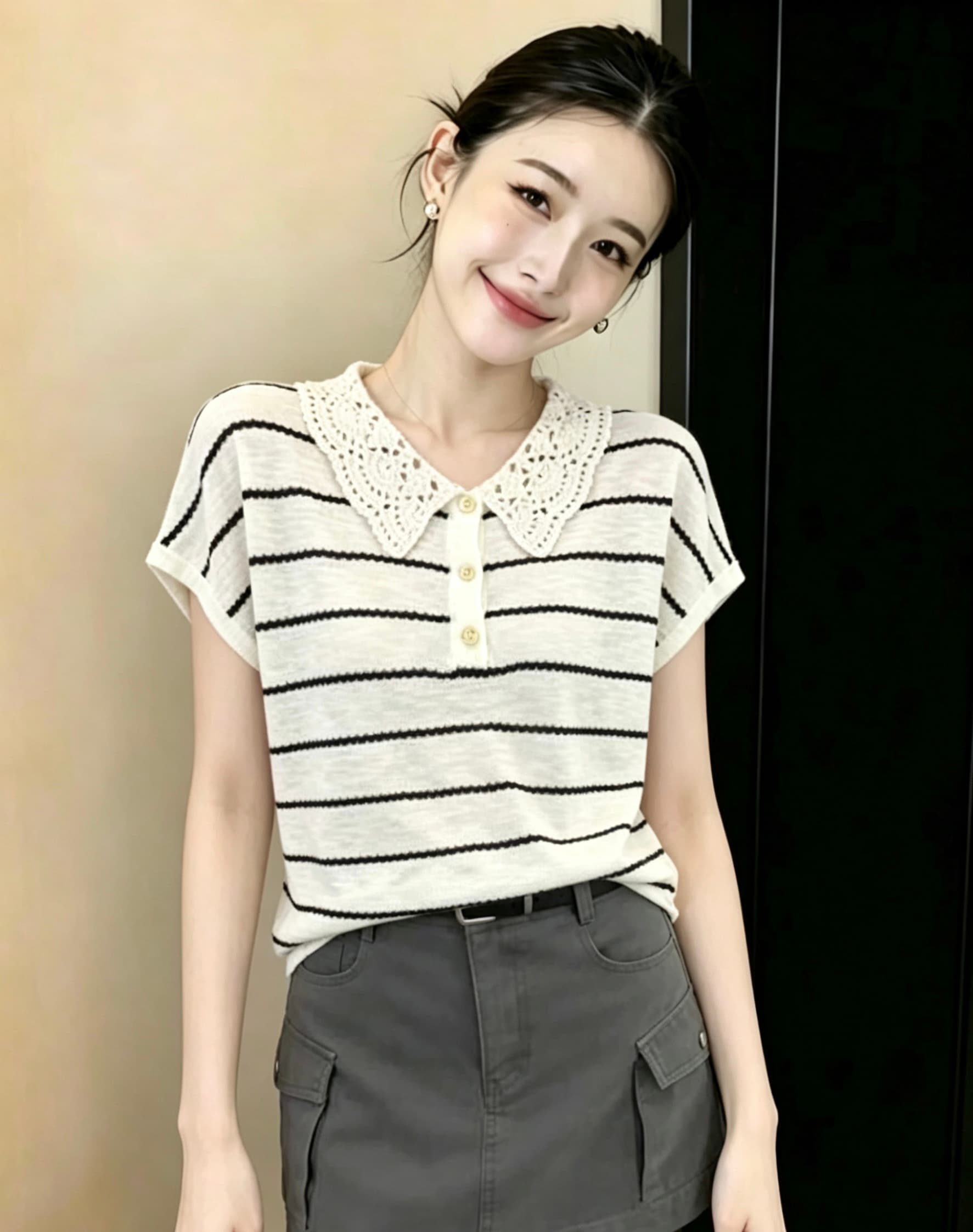 베이비 칼라 홀로우 아웃 배색 스트라이프 Feifei 소매 얇은 스타일 맨위 2026 여름 새로운 한 부서 루즈핏 쇼트 스타일 티셔츠 상세 이미지 3