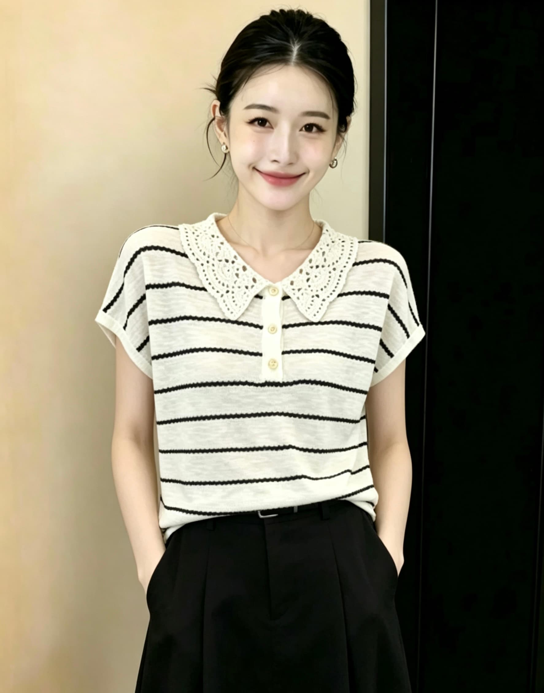 베이비 칼라 홀로우 아웃 배색 스트라이프 Feifei 소매 얇은 스타일 맨위 2026 여름 새로운 한 부서 루즈핏 쇼트 스타일 티셔츠 상세 이미지 4