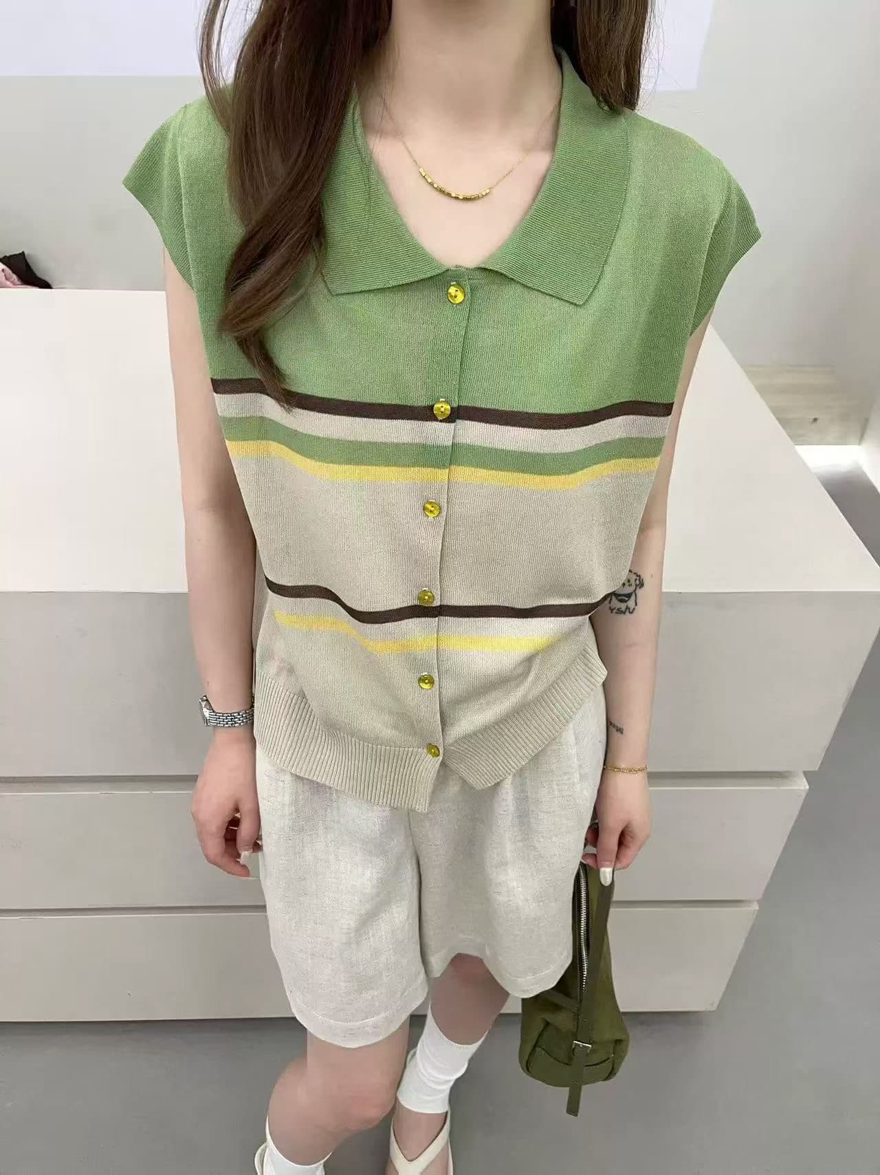폴로 칼라 배색 스트라이프 얼음 마 작은 날다 소매 니트 오픈 가디건 여성 여름 새로운 연령 감소 외국 가스 어깨 다용도 작은 셔츠 이미지 2