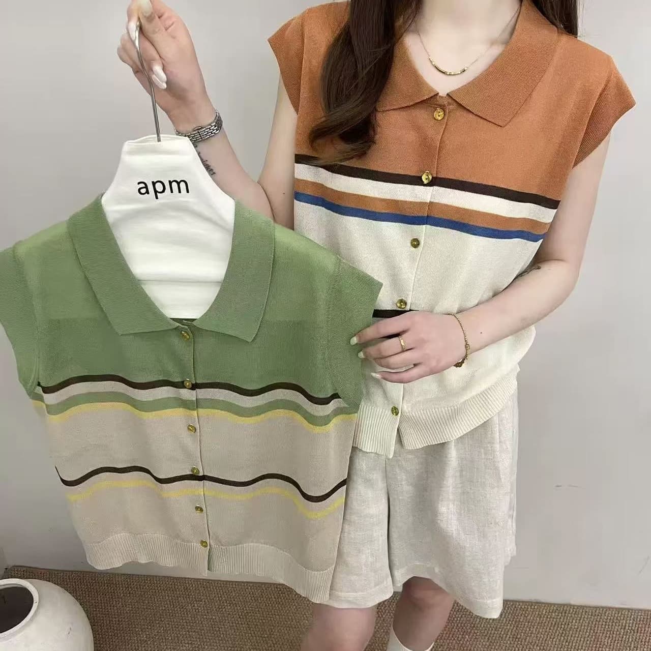 폴로 칼라 배색 스트라이프 얼음 마 작은 날다 소매 니트 오픈 가디건 여성 여름 새로운 연령 감소 외국 가스 어깨 다용도 작은 셔츠 이미지 5