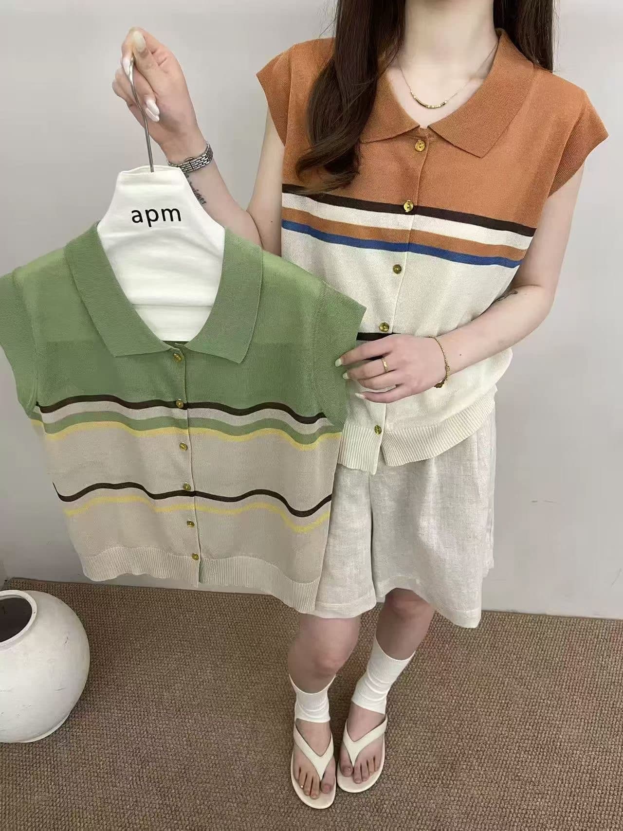 폴로 칼라 배색 스트라이프 얼음 마 작은 날다 소매 니트 오픈 가디건 여성 여름 새로운 연령 감소 외국 가스 어깨 다용도 작은 셔츠 상세 이미지 1