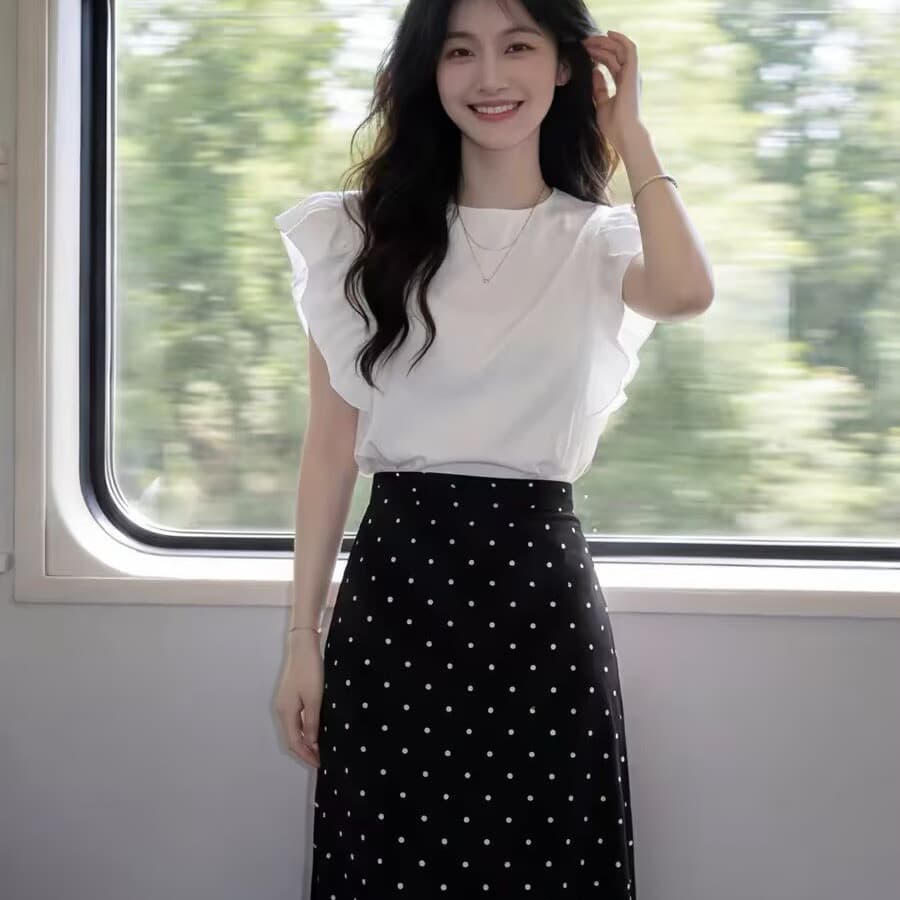 자이언트 잘 생긴 전체 집합 ootd 착용 가져 가라. 여름 여성 화이트 프릴 반팔 맨위 도트 무늬 반신 스커트 투피스 슈트 이미지 5