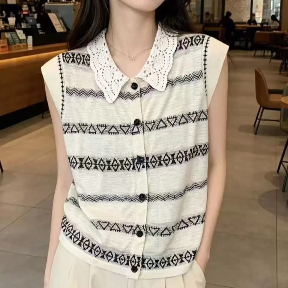 레이스 폴로 칼라 스트라이프 반팔 니트 스웨터 여성 여름 얇은 스타일 티셔츠 2026 새로운 루즈핏 슬림해 보이는 연령 감소 맨위 상세 이미지 3