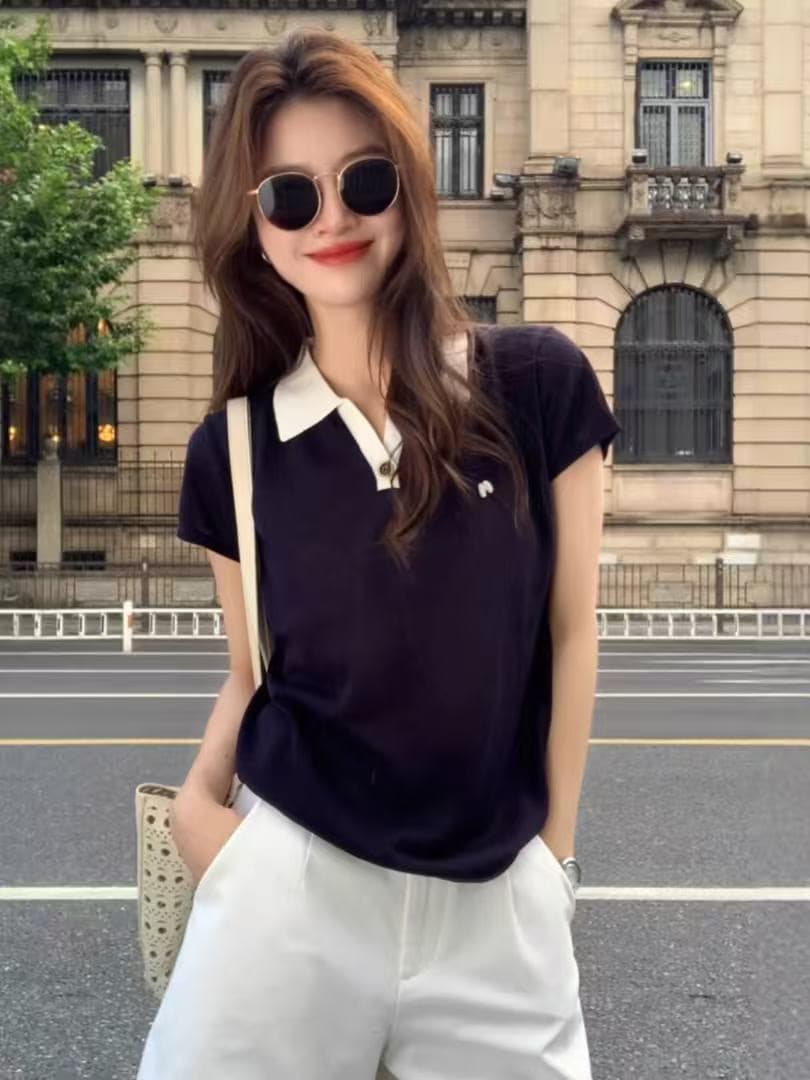 오래된 돈 바람 착용 가져 가라. 스트라이프 긍정적 인 어깨 반팔 티셔츠 여성 여름 얇은 스타일 POLO 셔츠 고유 한 아름다운 그레이트 봐. 의류 상세 이미지 4