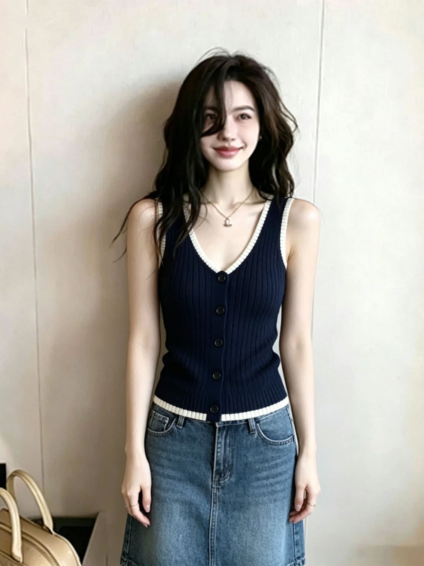 순수한 욕망 섹시함 달콤한 핫걸 레트로 패치워크 색상 캐미솔 외출용 여름 아름다운 아름다운 니트 민소매 맨위 이미지 3