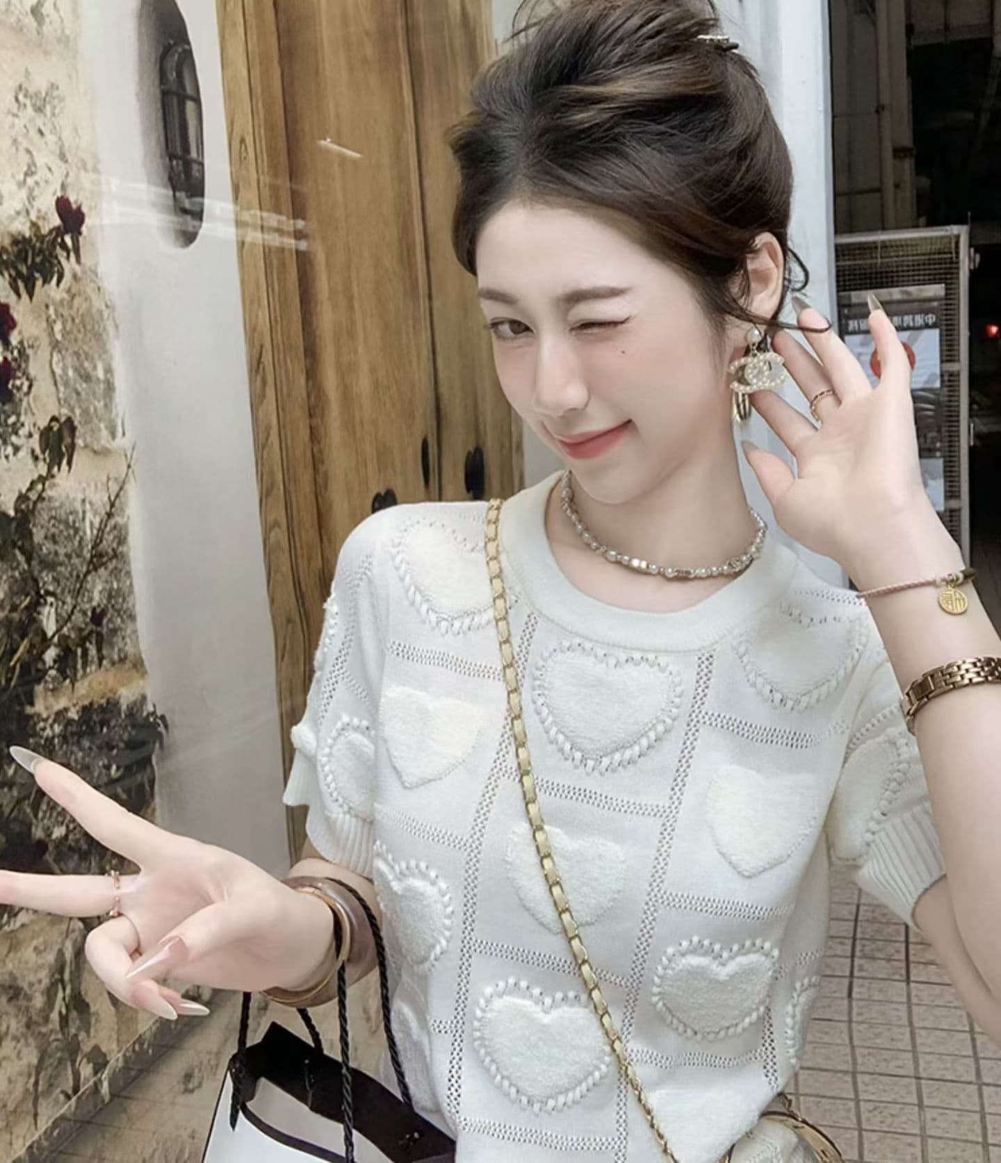 남쪽 기름 높음 세트 봄 여름 유럽과 미국 여성 의류 빛 요리 한 우아함 어록 들 은 하트 패턴 통기성 니트 스웨터 상세 이미지 3
