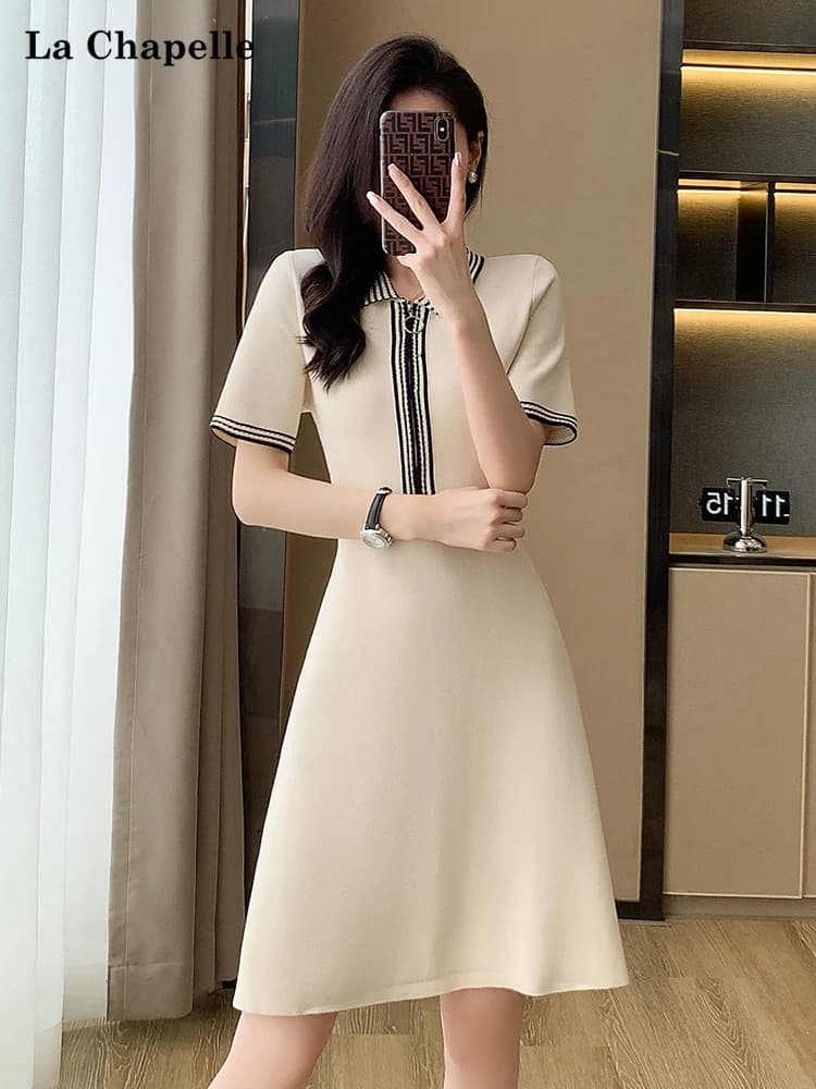 여성 의류 2026 새로운 여름 연령 감소 작은 샤넬 스타일 POLO 칼라 품격 슬림해 보이는 스트라이프 여성 드레스 상세 이미지 1