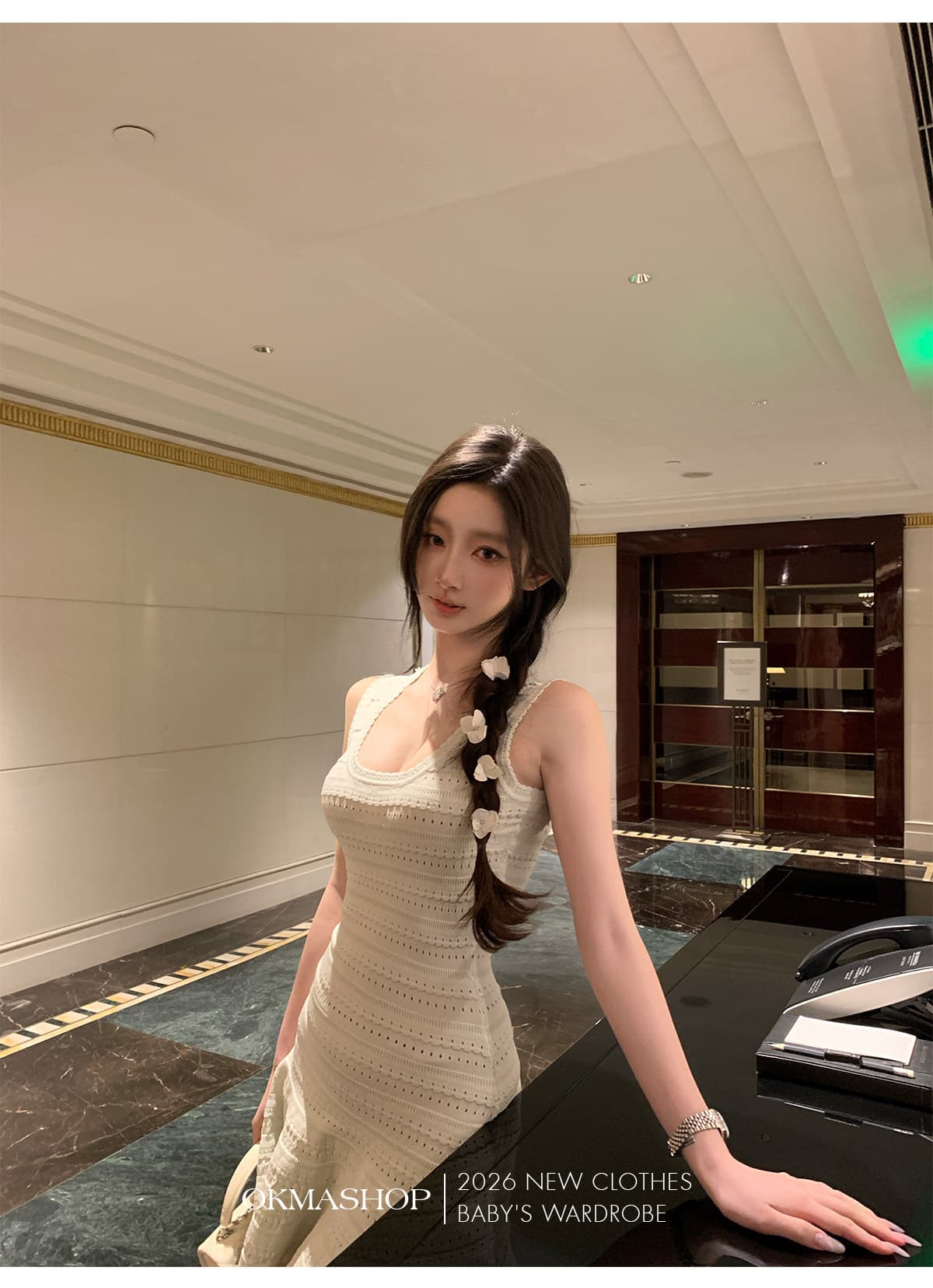 okmashop 녹색 이순신 제직 꿈 니트 슬립 여성 드레스 여름 품격 순수한 욕망 미니 스커트 허리 수축 치마 상세 이미지 3