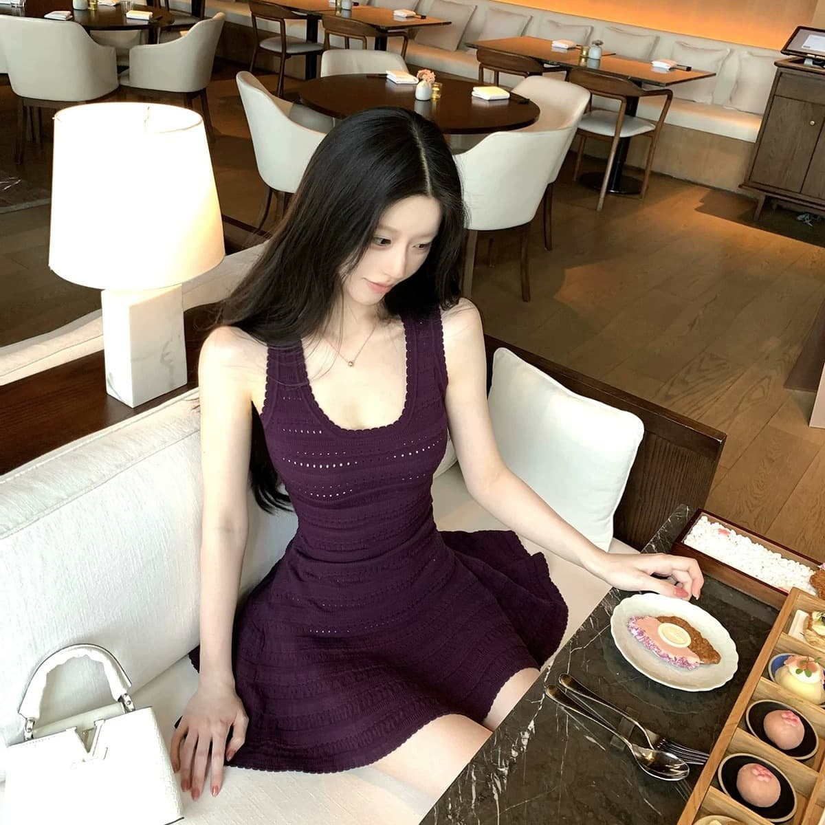 okmashop 녹색 이순신 제직 꿈 니트 슬립 여성 드레스 여름 품격 순수한 욕망 미니 스커트 허리 수축 치마 이미지 5
