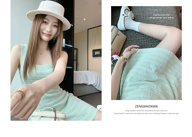 2026 년 한 부서 녹색 u 칼라 홀로우 아웃 민소매 조끼 여성 드레스 여름 허리 수축 슬림해 보이는 한 마디 미니 스커트 상세 이미지 4