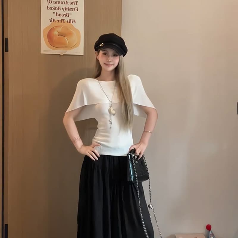 오래된 돈 바람 오프숄더 망토 반팔 티셔츠 여성 여름 품격 느슨함 니트 스웨터 허리 수축 도루 센스 이미지 6