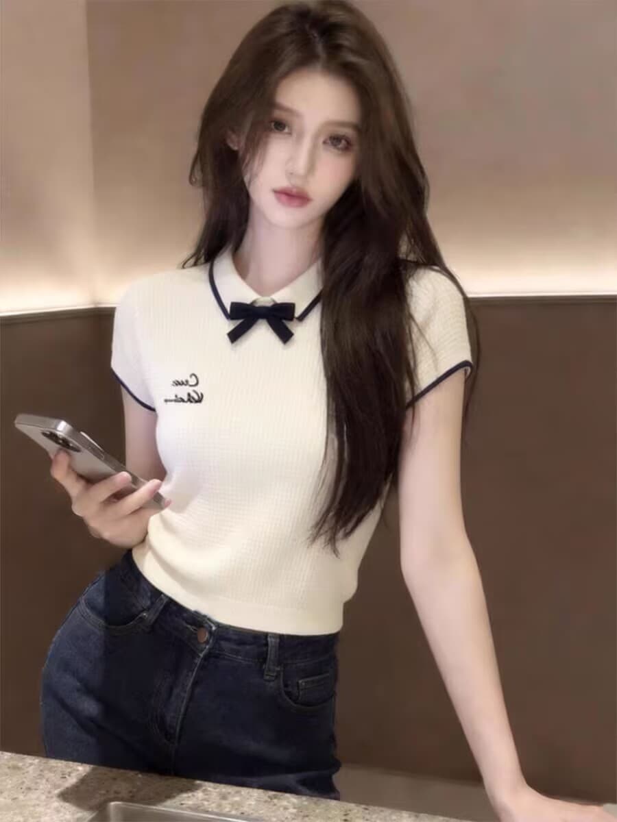 학원 스타일 나비 매듭 폴로 칼라 살구 색상 긍정적 인 어깨 반팔 티셔츠 여성 여름 한 부서 연령 감소 알파벳 자수 니트 맨위 이미지 3