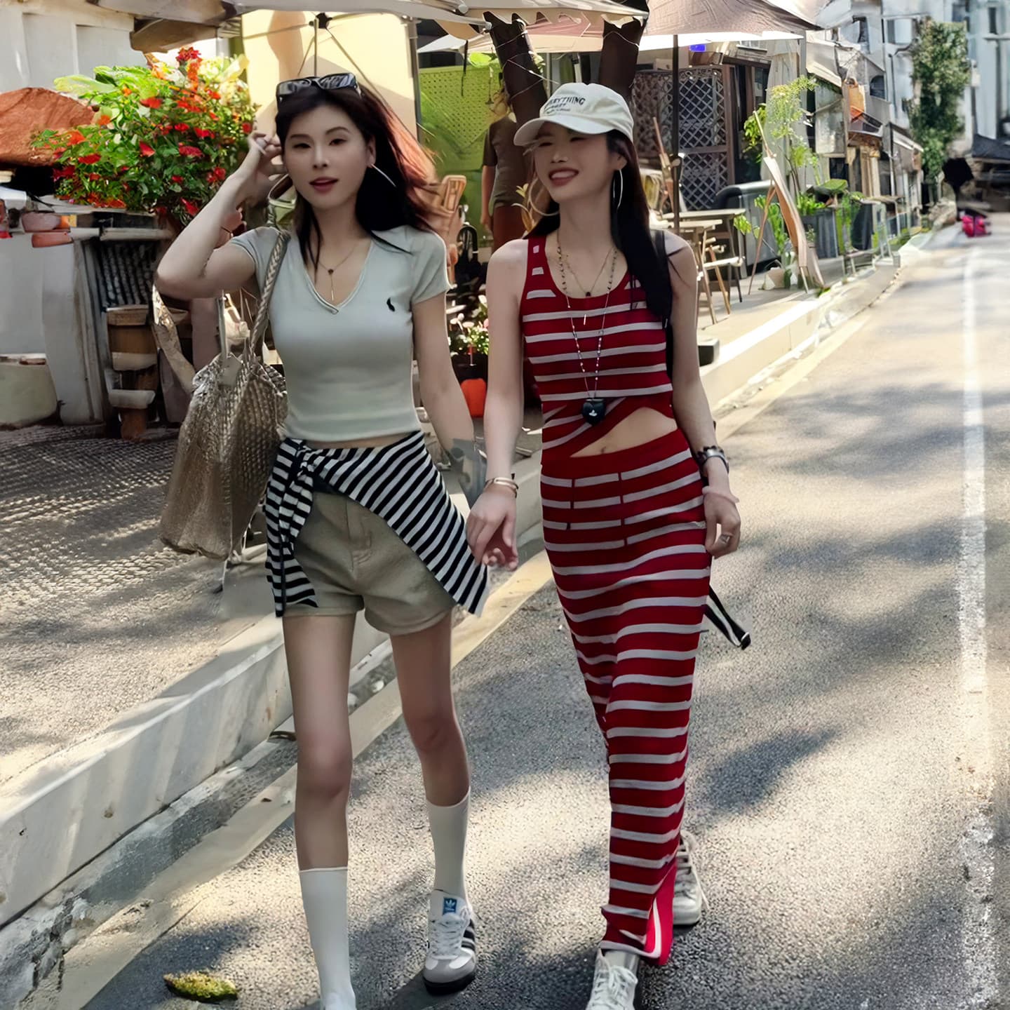 한국 휴가 바람 세트 스트라이프 캐미솔 여름 ol 몸매 가꾸기 슬림해 보이는 펌프 로프 반신 스커트 투피스 세트 ins 이미지 3