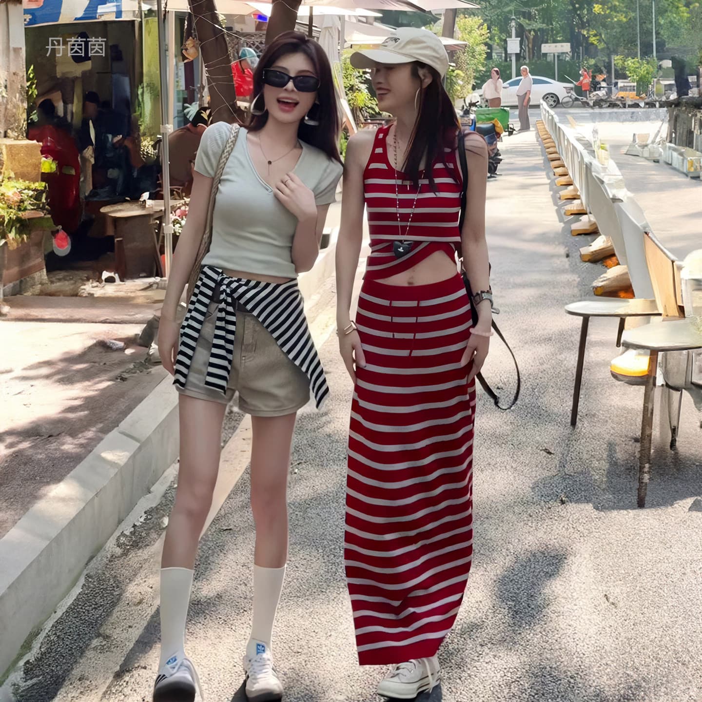 한국 휴가 바람 세트 스트라이프 캐미솔 여름 ol 몸매 가꾸기 슬림해 보이는 펌프 로프 반신 스커트 투피스 세트 ins 이미지 5