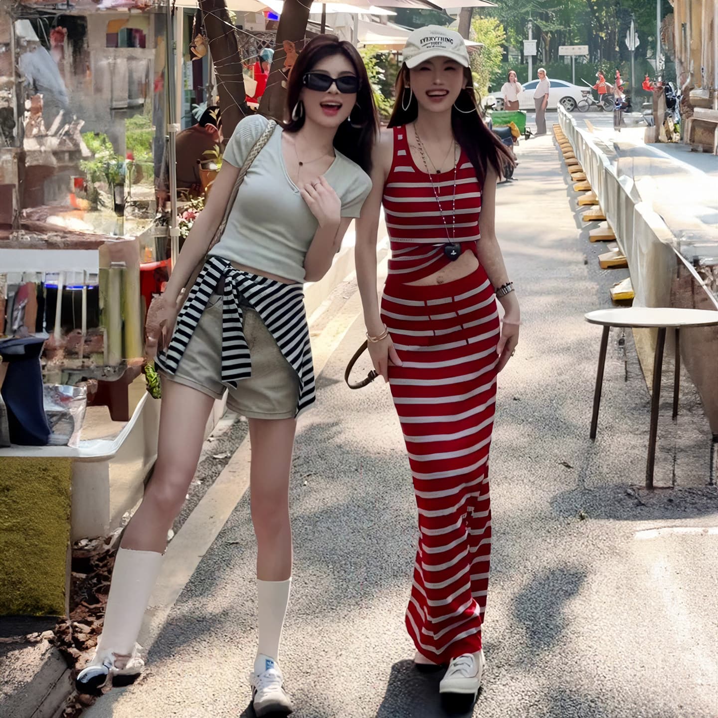 한국 휴가 바람 세트 스트라이프 캐미솔 여름 ol 몸매 가꾸기 슬림해 보이는 펌프 로프 반신 스커트 투피스 세트 ins 상세 이미지 4