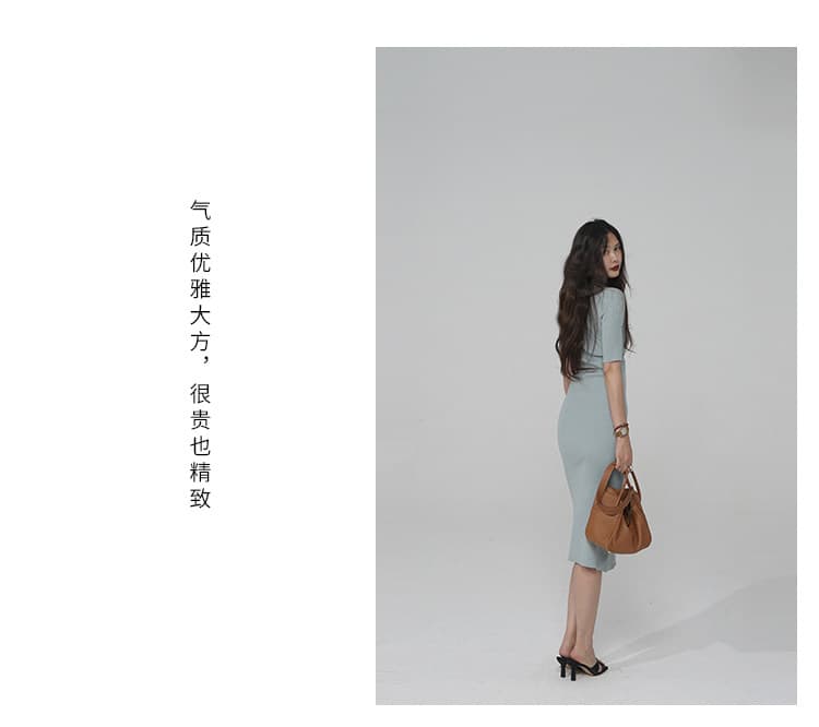 느슨함 블루 라운드 넥 polo 과립 버클 중간 소매 몸 타이트 스커트 슬림해 보이는 품격 드레스 여름 상세 이미지 28