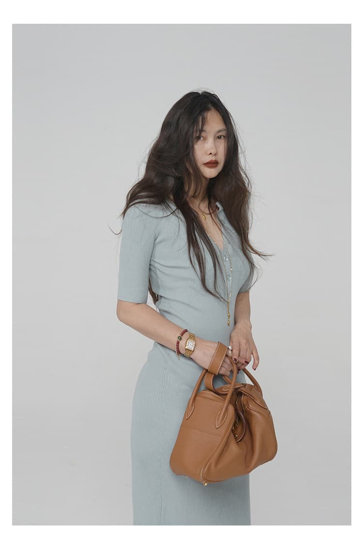 느슨함 블루 라운드 넥 polo 과립 버클 중간 소매 몸 타이트 스커트 슬림해 보이는 품격 드레스 여름 상세 이미지 48