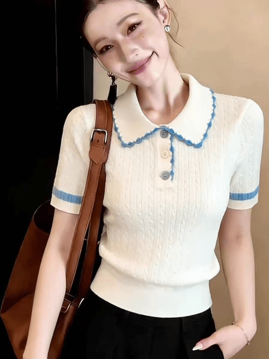 광저우 열세 개 폭발 아메리칸 배색 스트라이프 POLO 셔츠 여성 여름 반팔 얼음 실크 니트 스웨터 외국 가스 맨위