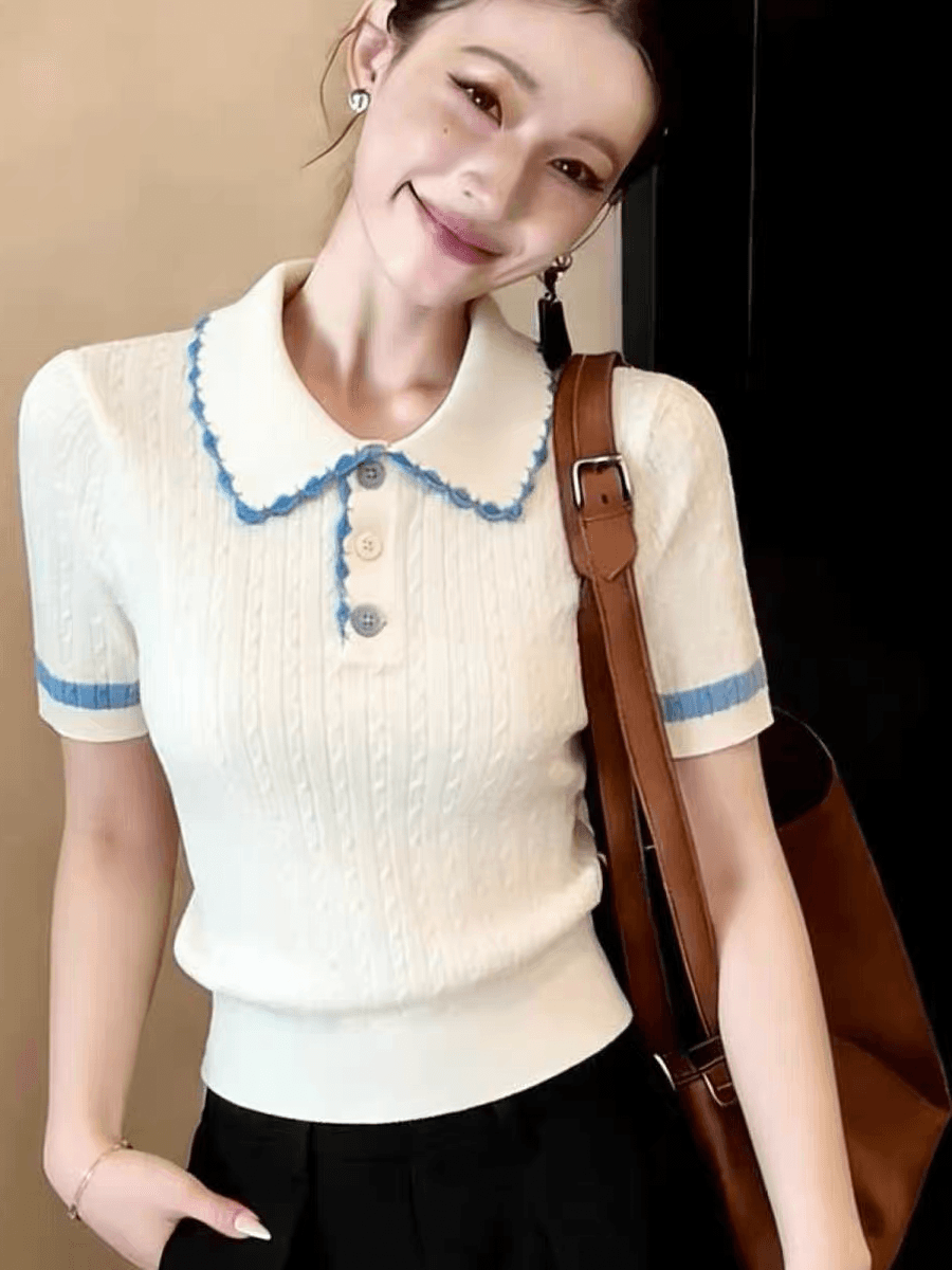 광저우 열세 개 폭발 아메리칸 배색 스트라이프 POLO 셔츠 여성 여름 반팔 얼음 실크 니트 스웨터 외국 가스 맨위 이미지 3