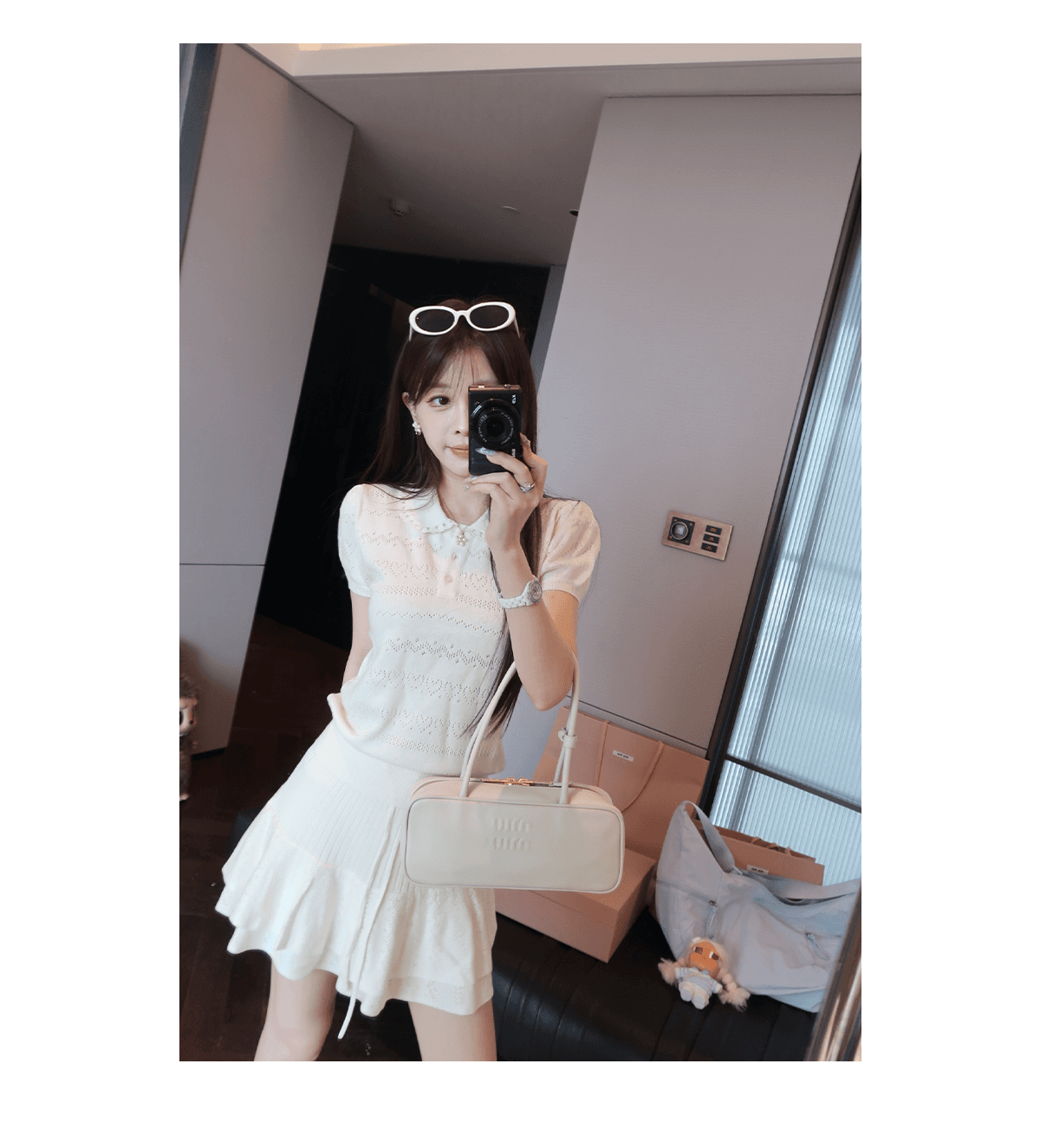 베이비 칼라 홀로우 아웃 반팔 티셔츠 세트 여성 여름 한 마디 반신 얇은 치마바지 투피스 세트 상세 이미지 2