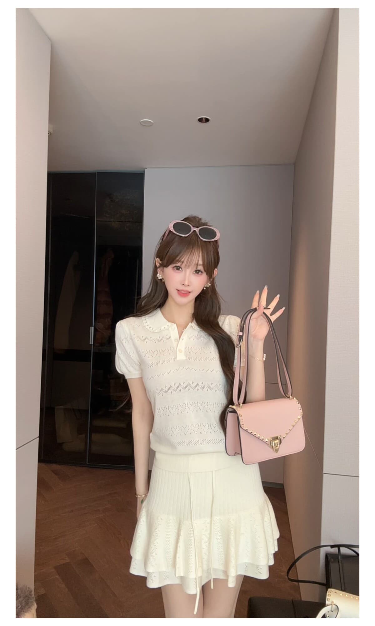 베이비 칼라 홀로우 아웃 반팔 티셔츠 세트 여성 여름 한 마디 반신 얇은 치마바지 투피스 세트 상세 이미지 15