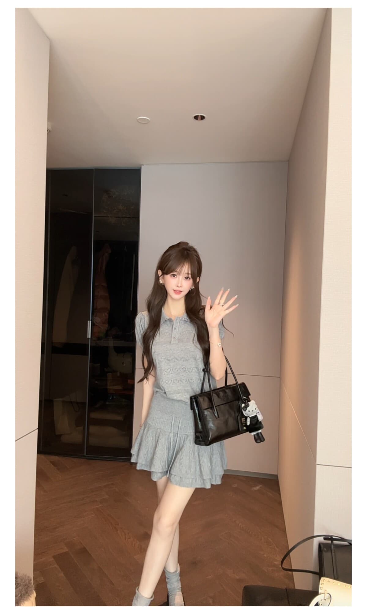 베이비 칼라 홀로우 아웃 반팔 티셔츠 세트 여성 여름 한 마디 반신 얇은 치마바지 투피스 세트 상세 이미지 16
