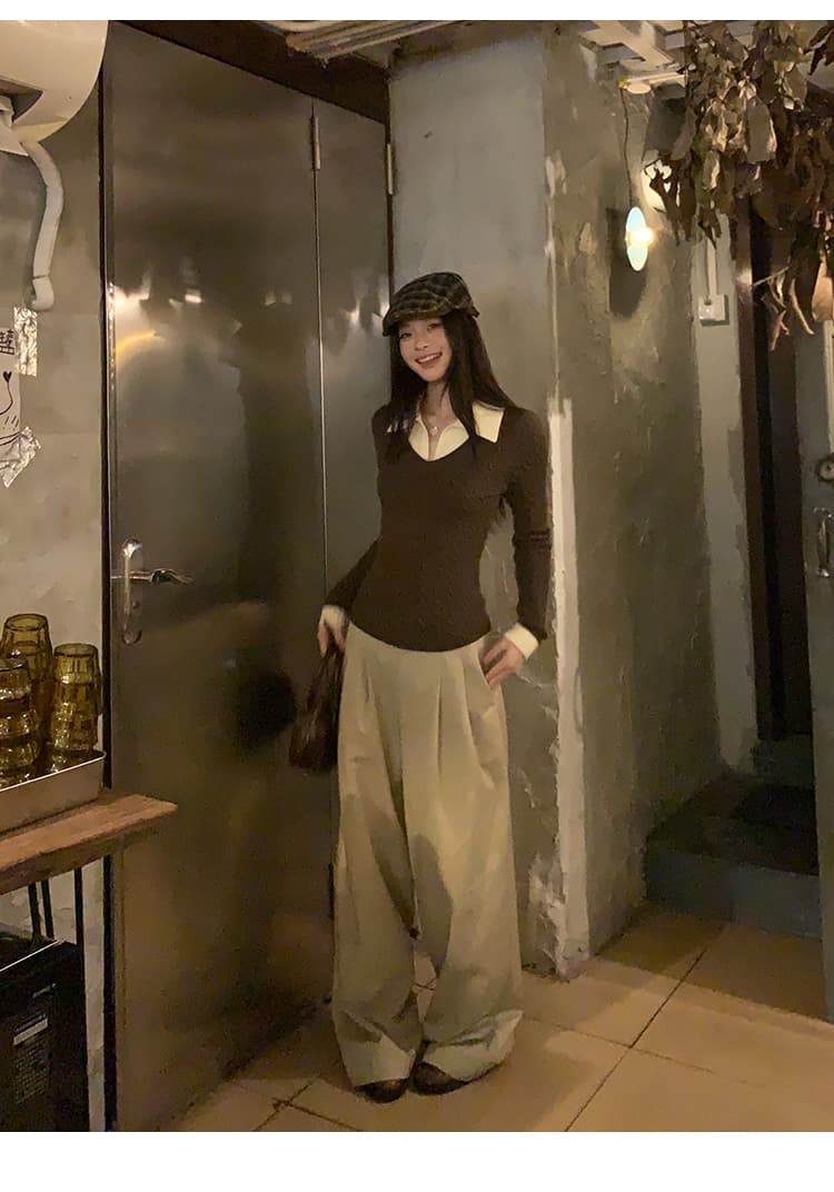 송 긍정적 인 En 커피 색상 POLO 칼라 페이크 레이어드 니트 스웨터 여성 스웨터 가을 인사이드 가져 가라. 몸매 가꾸기 쇼트 스타일 긴팔 작은 맨위 상세 이미지 13