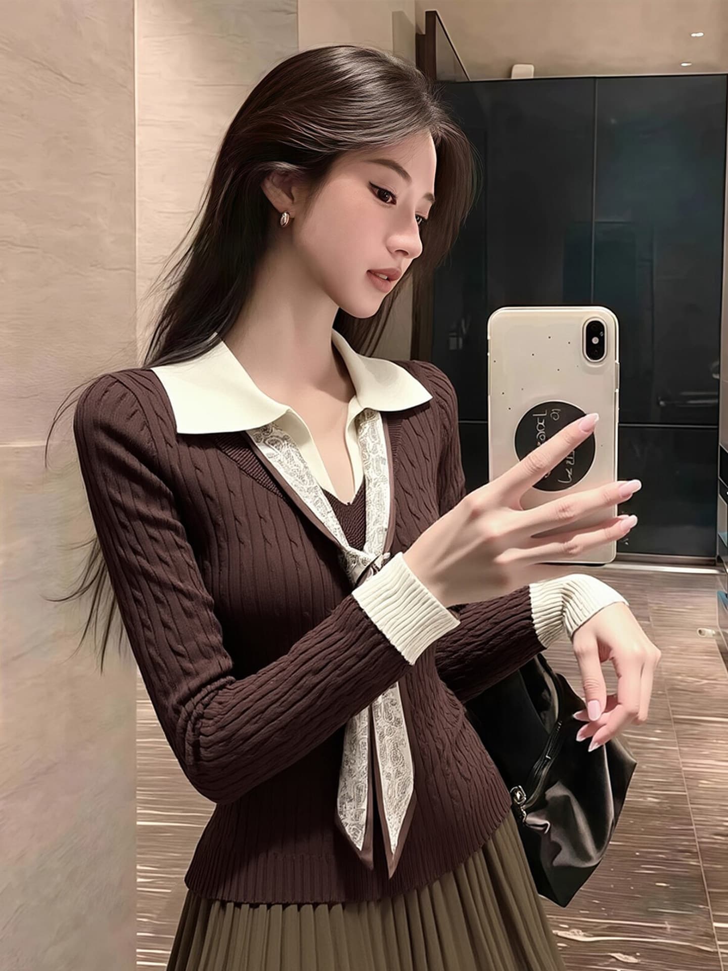 빨간색 polo 폴로 칼라 페이크 레이어드 니트 스웨터 여성 가을 겨울 분위기 센스 착용 가져 가라. 인사이드 가져 가라. 슈퍼 잘 생긴 기본 셔츠 맨위 이미지 4