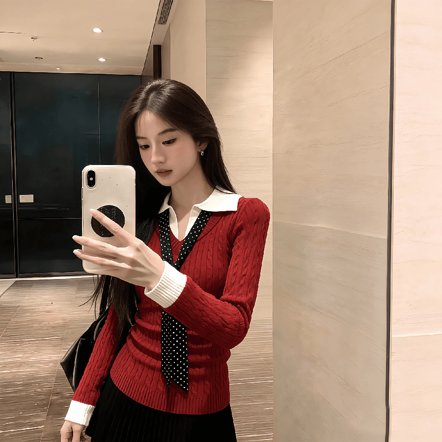 빨간색 polo 폴로 칼라 페이크 레이어드 니트 스웨터 여성 가을 겨울 분위기 센스 착용 가져 가라. 인사이드 가져 가라. 슈퍼 잘 생긴 기본 셔츠 맨위 상세 이미지 2