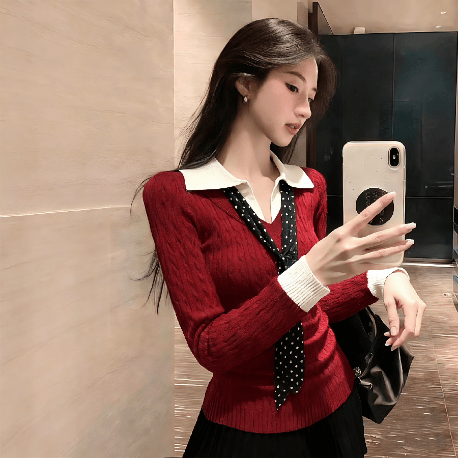 빨간색 polo 폴로 칼라 페이크 레이어드 니트 스웨터 여성 가을 겨울 분위기 센스 착용 가져 가라. 인사이드 가져 가라. 슈퍼 잘 생긴 기본 셔츠 맨위 상세 이미지 3
