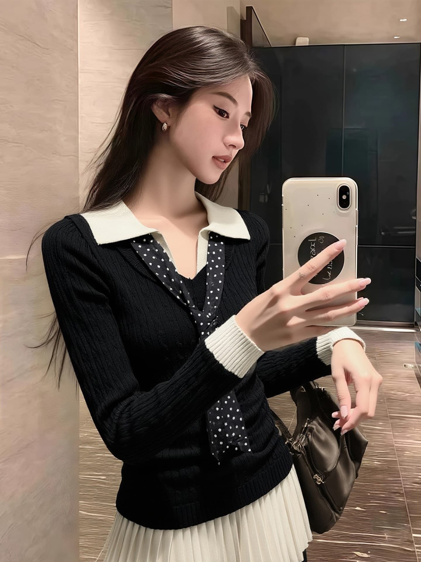 빨간색 polo 폴로 칼라 페이크 레이어드 니트 스웨터 여성 가을 겨울 분위기 센스 착용 가져 가라. 인사이드 가져 가라. 슈퍼 잘 생긴 기본 셔츠 맨위 상세 이미지 4