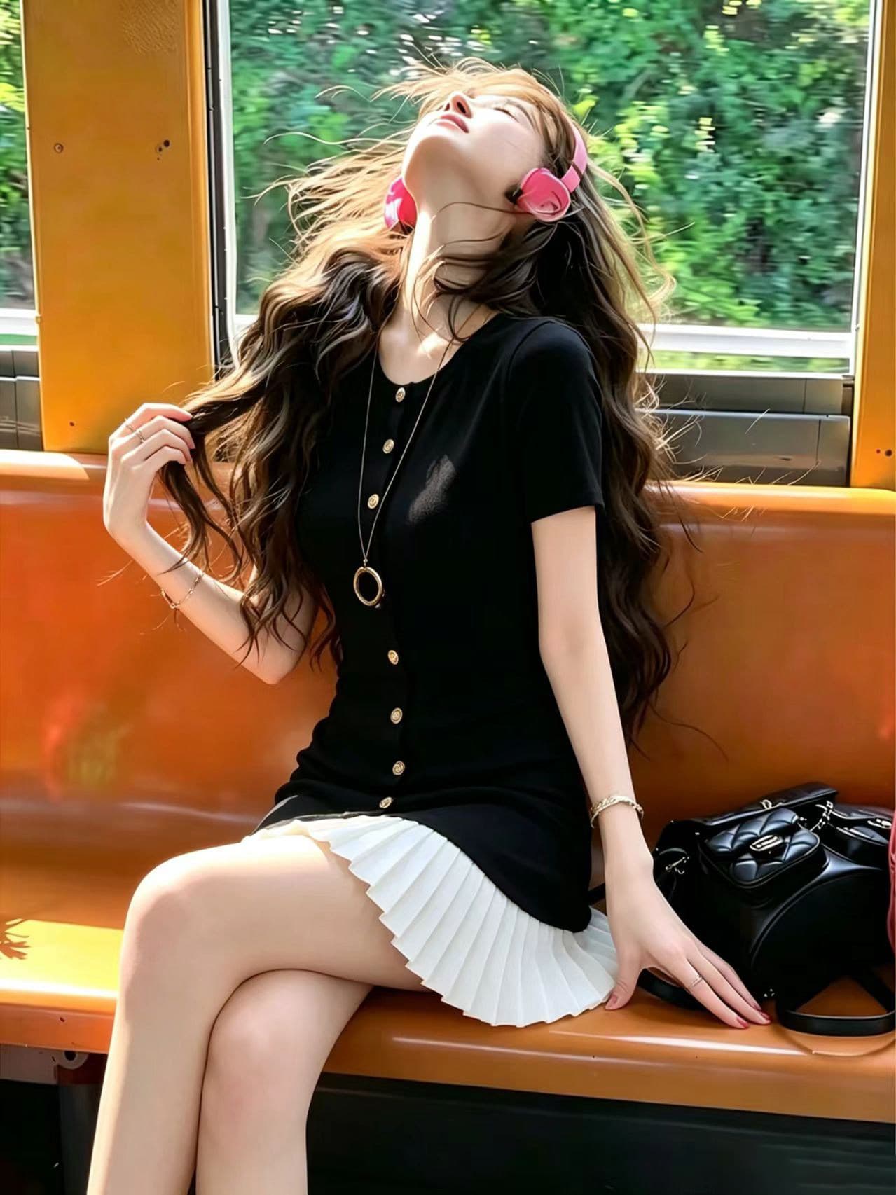 한국 명문 여성 홍콩 스타일 천 골드 프릴 니트 얼음 실크 플리츠 드레스 작은 키 숙녀 부드러운 학원 스타일 상세 이미지 10