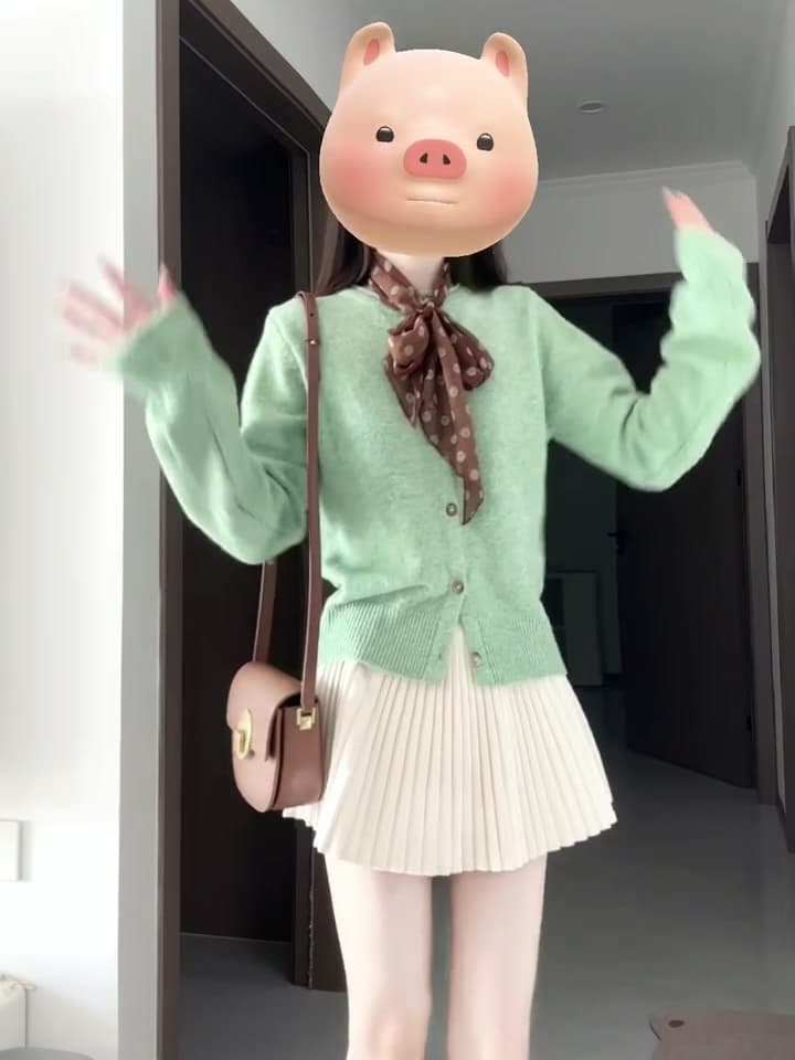 박하 녹색 레트로 볼륨 측면 니트 오픈 가디건 스웨터 여성 코트 새로운 가을 겨울 맨위 플리츠 스커트 투피스 세트 상세 이미지 2