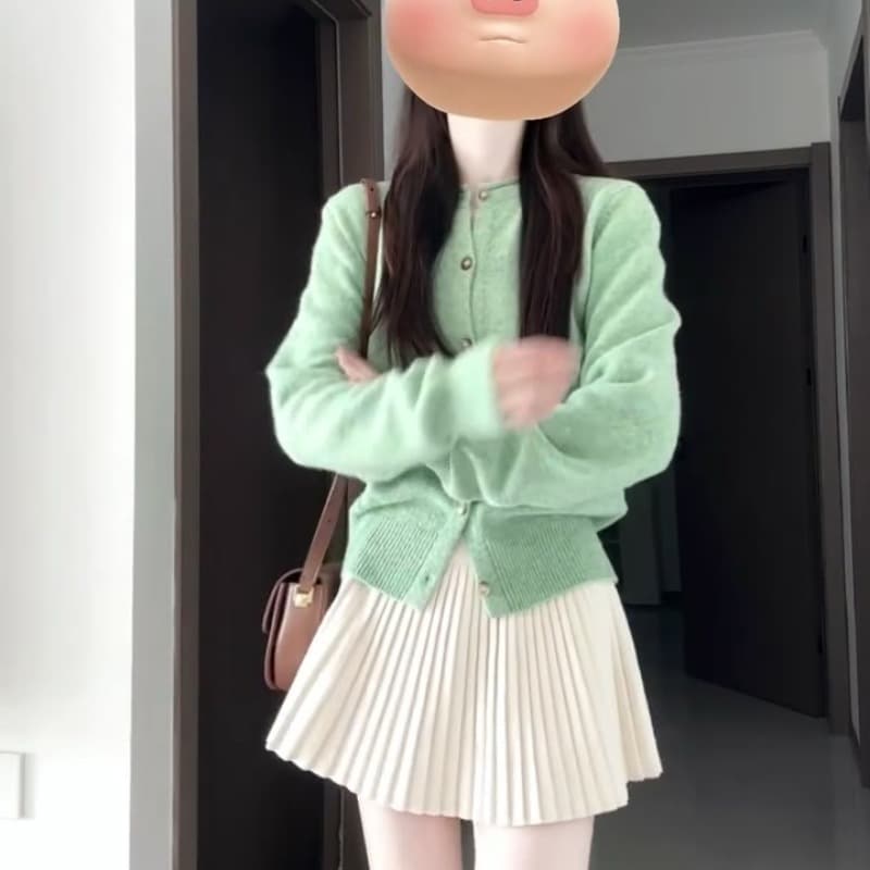 박하 녹색 레트로 볼륨 측면 니트 오픈 가디건 스웨터 여성 코트 새로운 가을 겨울 맨위 플리츠 스커트 투피스 세트 상세 이미지 5