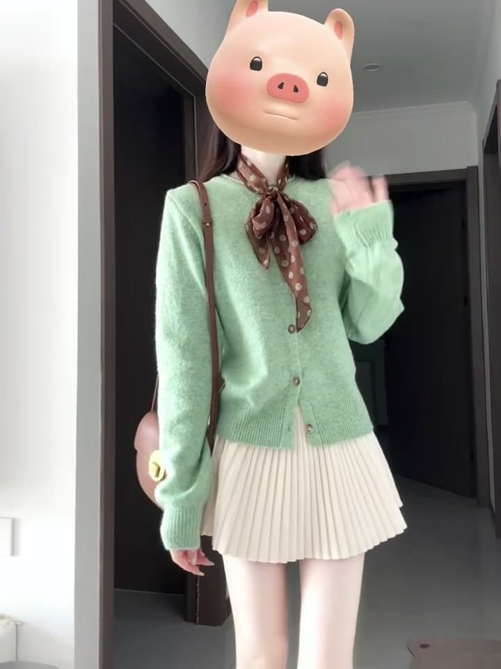 박하 녹색 레트로 볼륨 측면 니트 오픈 가디건 스웨터 여성 코트 새로운 가을 겨울 맨위 플리츠 스커트 투피스 세트 상세 이미지 6