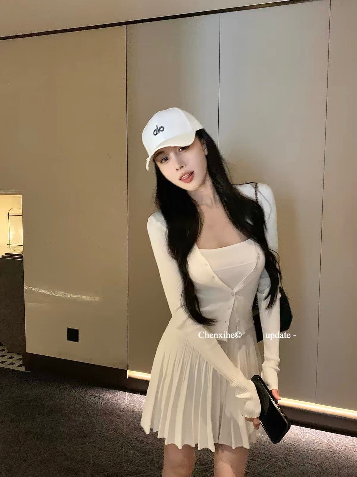 그는 아침 전체 집합 ootd 착용 가져 가라. 세트 여성 짧은 니트 몸매 가꾸기 오픈 가디건 맨위 한 마디 플리츠 슬립 드레스 상세 이미지 3