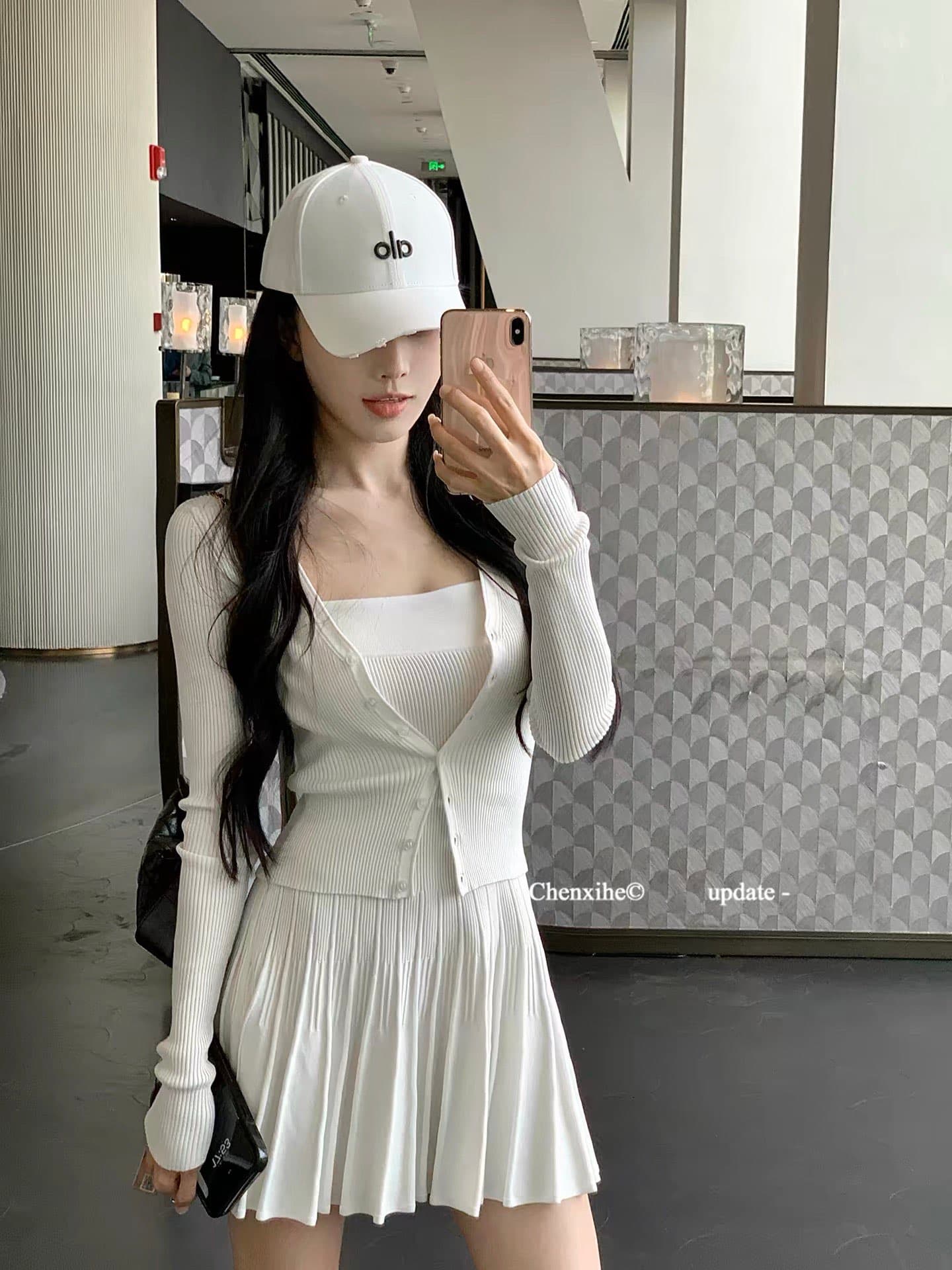 그는 아침 전체 집합 ootd 착용 가져 가라. 세트 여성 짧은 니트 몸매 가꾸기 오픈 가디건 맨위 한 마디 플리츠 슬립 드레스 상세 이미지 5