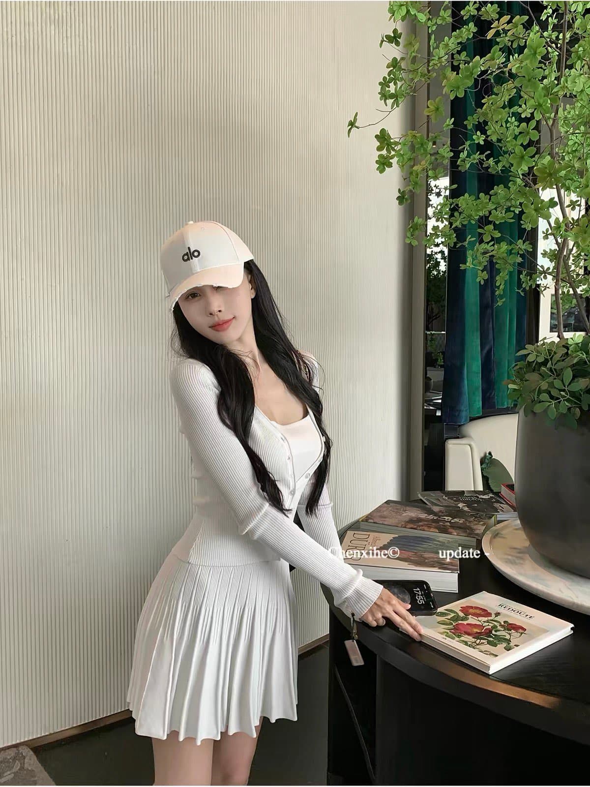 그는 아침 전체 집합 ootd 착용 가져 가라. 세트 여성 짧은 니트 몸매 가꾸기 오픈 가디건 맨위 한 마디 플리츠 슬립 드레스 상세 이미지 6