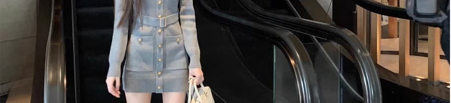 장쑤 저장 및 상하이 명문 여성 착용 가져 가라. 가을 겨울 회색 니트 몸매 가꾸기 타이트 스커트 미니 스커트 부유 한 가족 천 골드 작은 샤넬 스타일 여성 드레스 상세 이미지 23