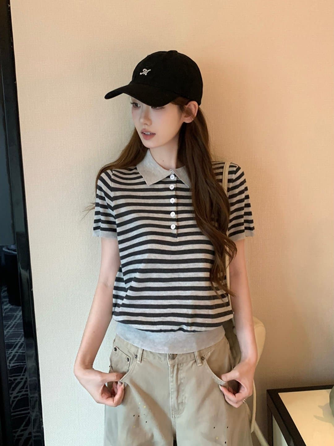 2026 슈퍼 화재 연령 감소 스트라이프 polo 폴로 칼라 니트 반팔 티셔츠 여성 여름 루즈핏 표지 배 슬림해 보이는 맨위 이미지 3