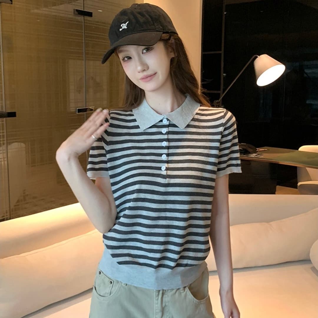 2026 슈퍼 화재 연령 감소 스트라이프 polo 폴로 칼라 니트 반팔 티셔츠 여성 여름 루즈핏 표지 배 슬림해 보이는 맨위 이미지 5