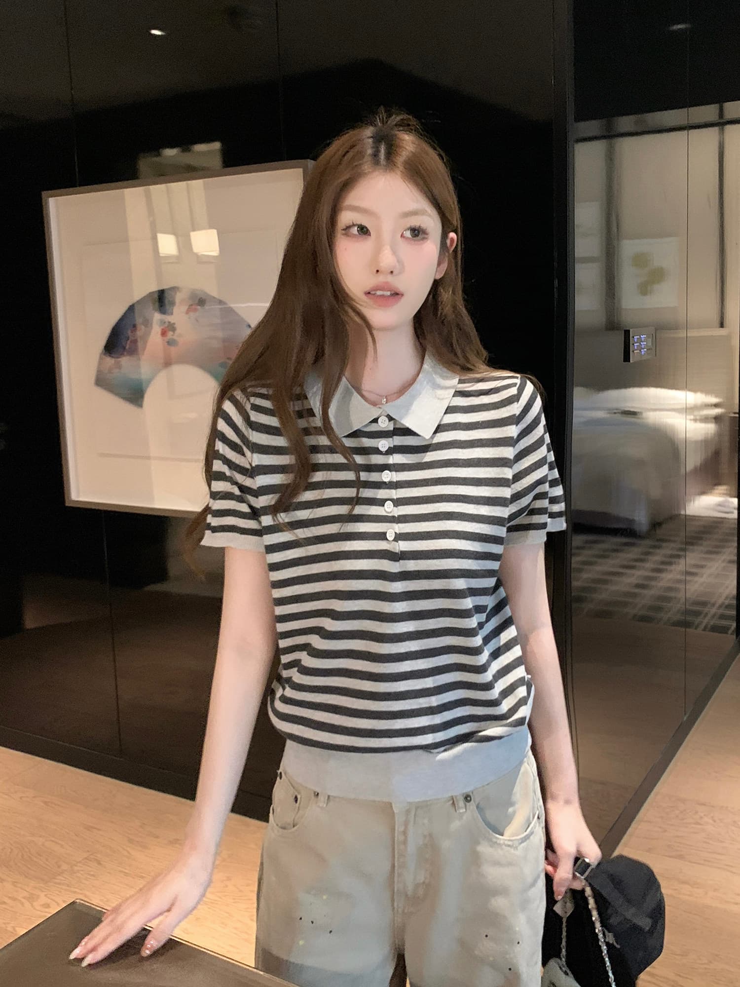 2026 슈퍼 화재 연령 감소 스트라이프 polo 폴로 칼라 니트 반팔 티셔츠 여성 여름 루즈핏 표지 배 슬림해 보이는 맨위 상세 이미지 4